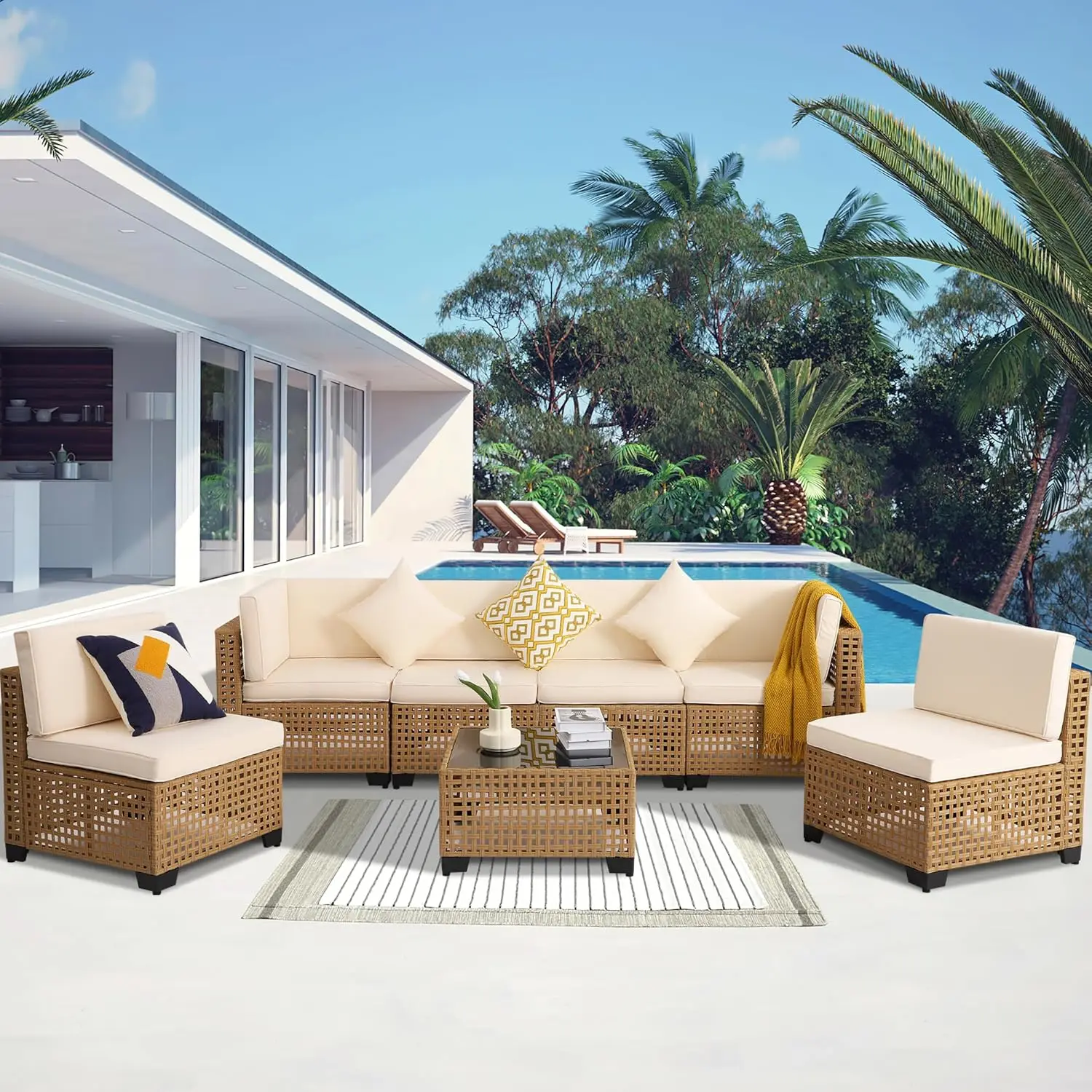 

Outdoor Patio Set Outdoor Sectional Furniture Rattan Chairs Glass Table Wicker Conversation Seating Sectional Sofa with Cushions