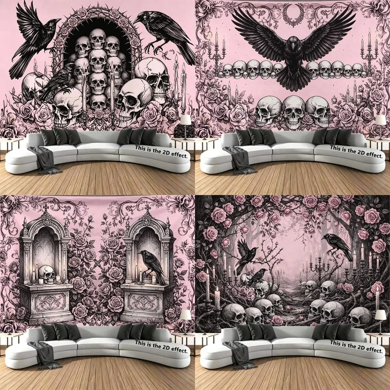Gothic Pink Skull Crow Tapestry Background Cloth Hanging Cloth Bedroom Bedside Decorative Wall Cloth