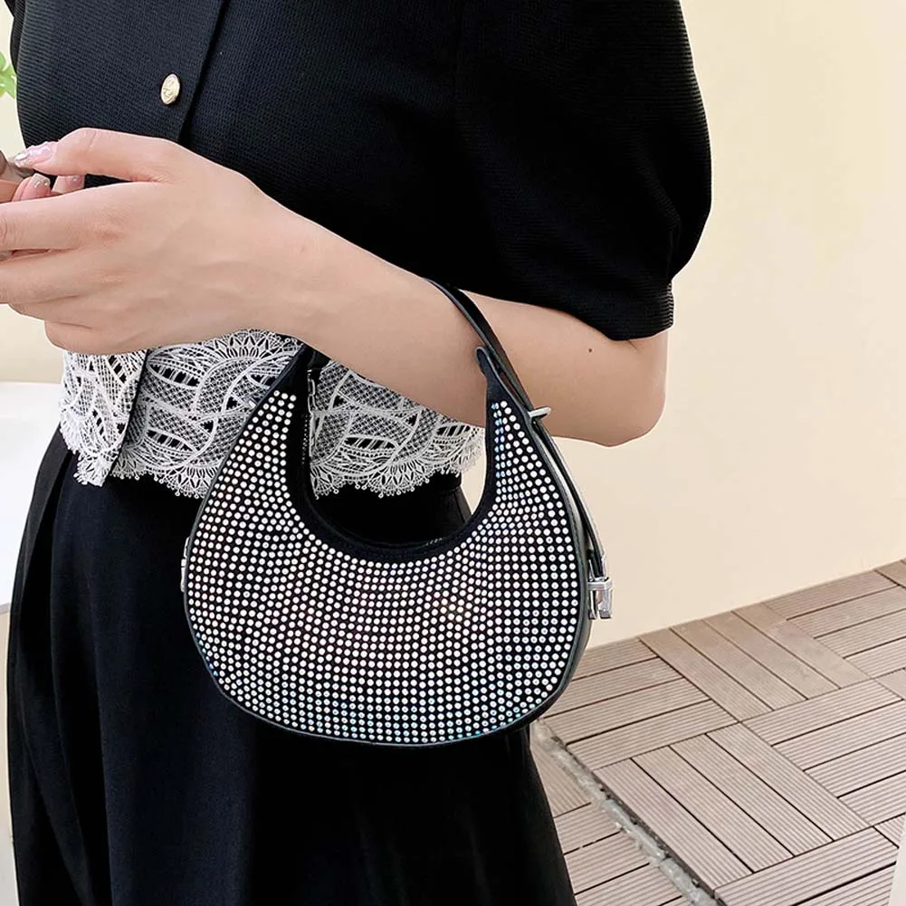 Women Hobo Handbag Rhinestone Bling Crescent Bag Sparkle Underarm Purse Crystal Clutch Lady Wedding Bag