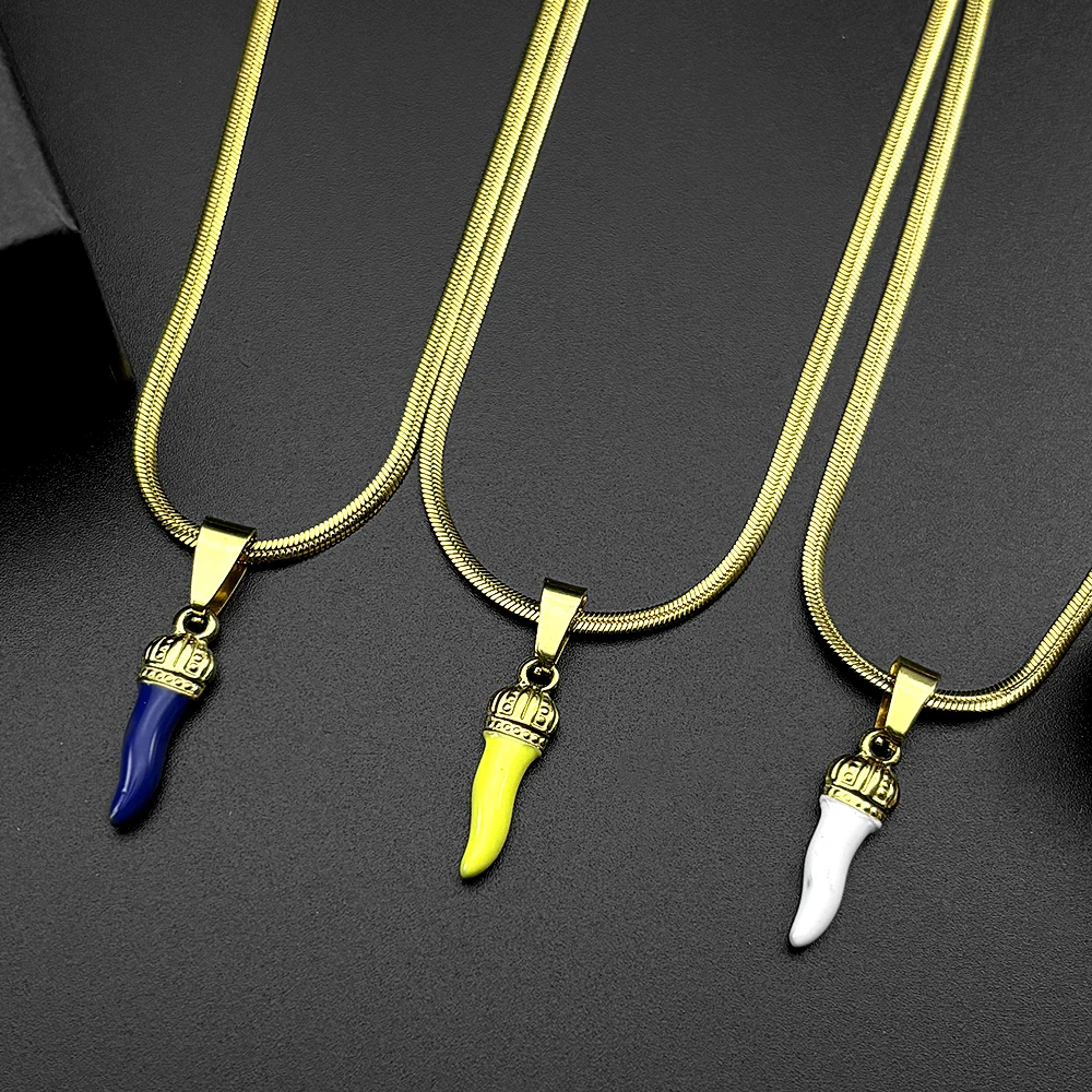

Cute Chili Pepper Crown Blue Yellow White Pendant Necklace For Women Men Stainless Steel Gold Color Fashion Chain Jewelry Gifts