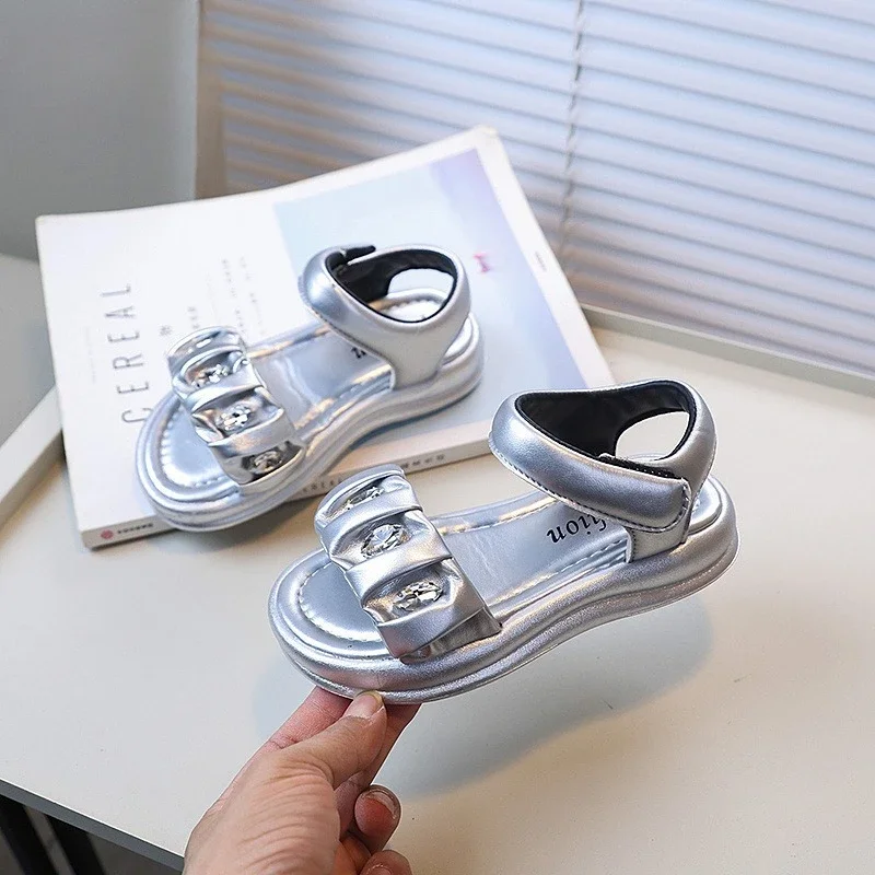 

Children's Rhinestone Sandal Summer Pleated Little Girl New School Sandals Fashion Causal Kids Open-toe Beach Shoes Thick Bottom