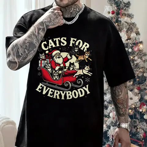 Cats for Everybody Graphic T Shirts Men Women Christmas Party Gifts Round Neck Short Sleeve Tee Christmas Santa Fashion Tops