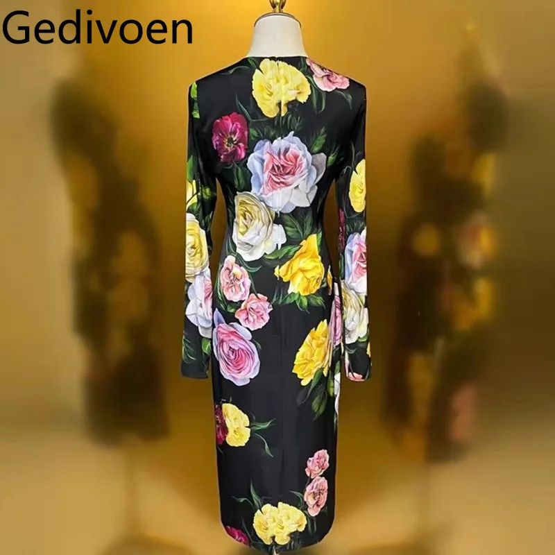 Gedivoen Autumn And Winter Women's Dress Long Sleeved High Waist Elegant Print Pretty Slim-Fit Hip Wrap Black Silk Dresses
