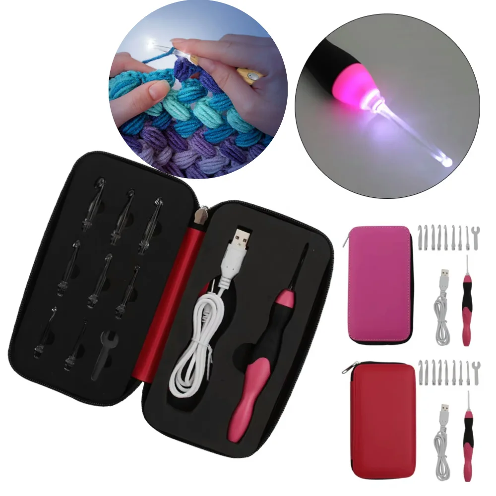 9-In-1 Luminous Led Needle Usb Knitting Knitting Tool Kit Crochet Knitting Hooks Set Knitting Tool Needle Interchangeable Heads