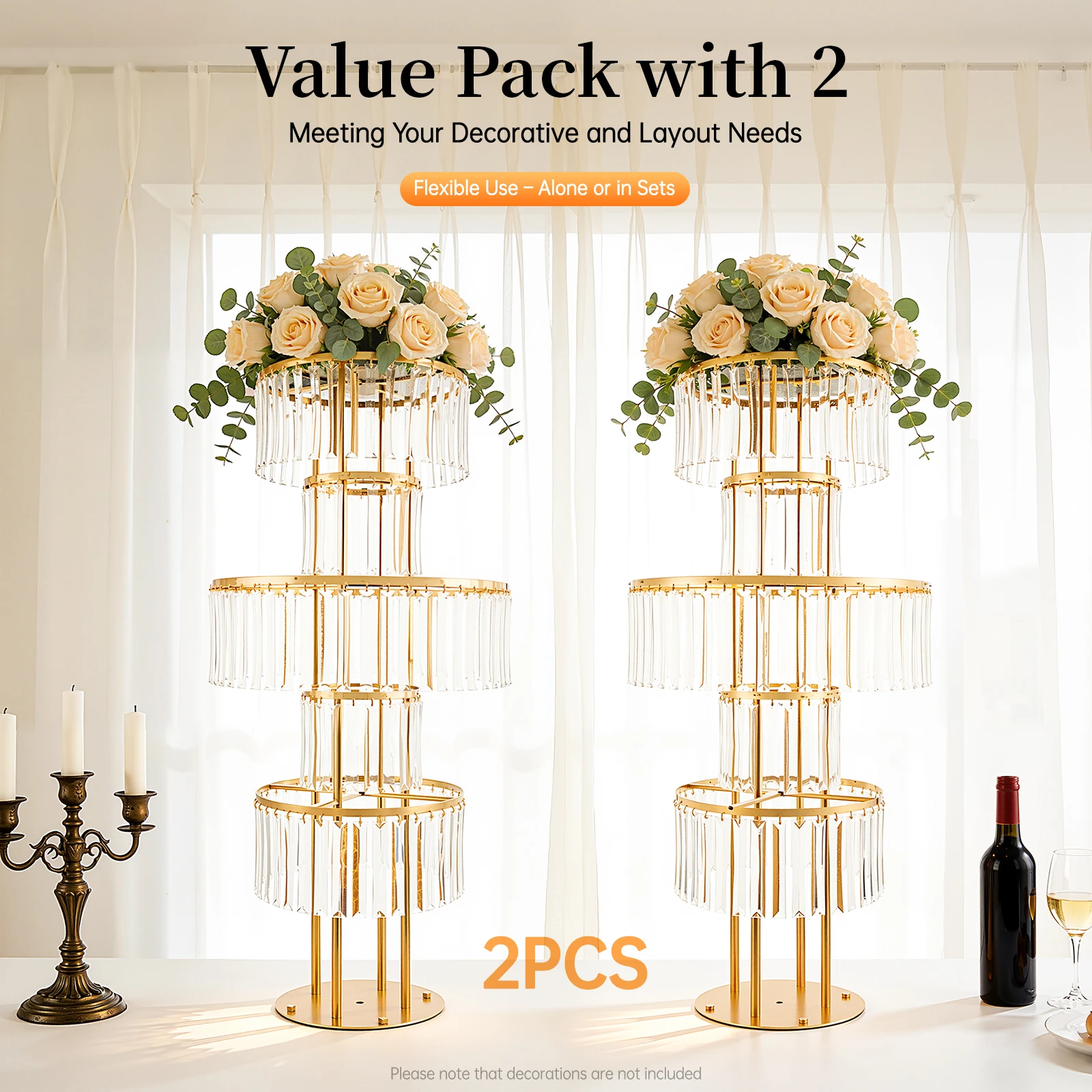 2PCS 5 Tier Crystal Flower Stands, Electroplated Iron Acrylic Floral Display Rack for Wedding Party Home Decor