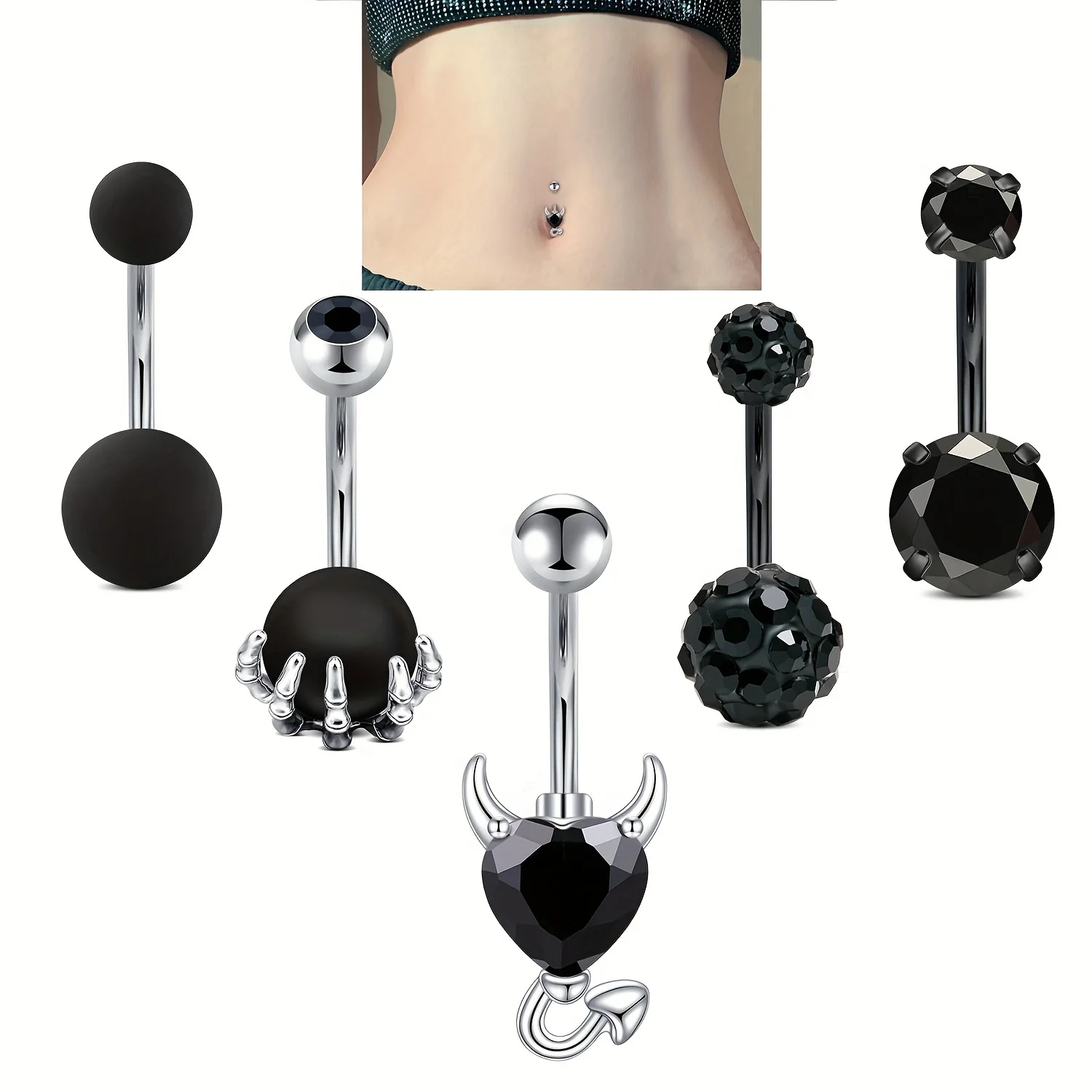 5PCS Stainless Steel Zircon Barbell Navel Ring, Body Piercing Jewelry For Male and female