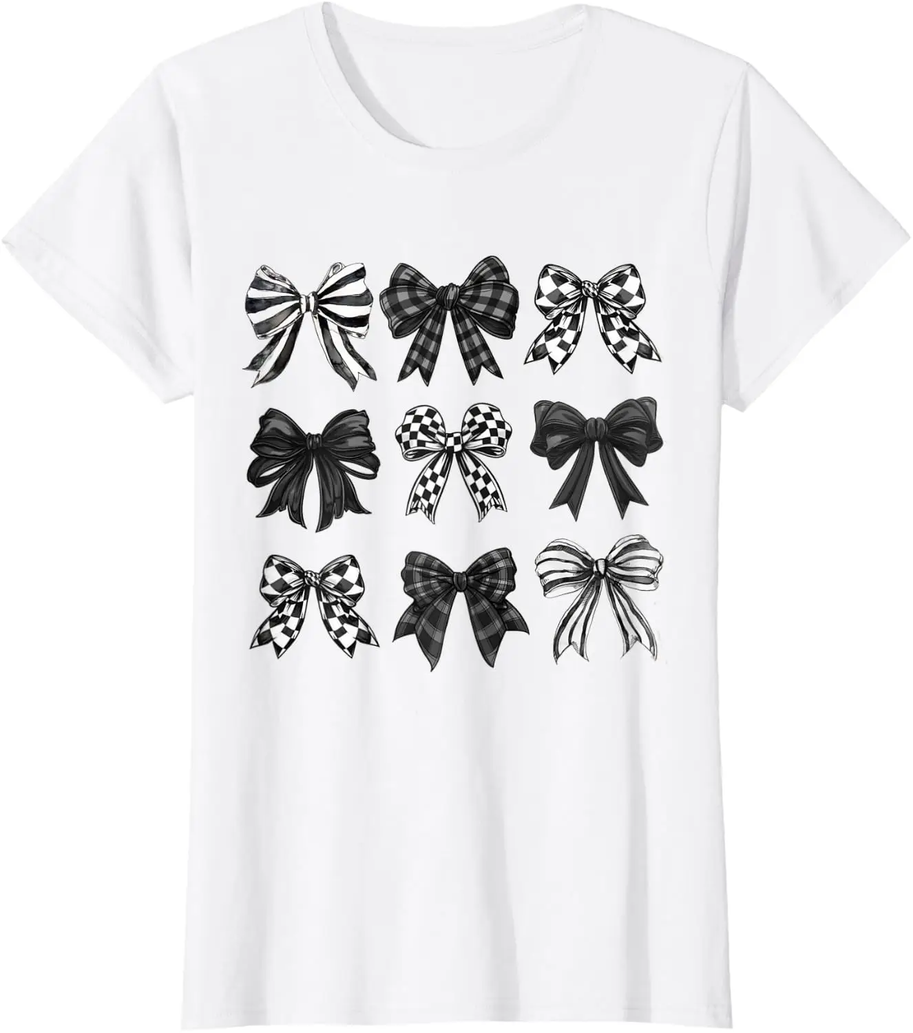 Black Checkered Ribbon Watercolor Bows Bowtie Preppy Bow T-Shirt 100% Cotton Trendy Y2K Short-Sleeve Tee-Soft, Quick-Drying,