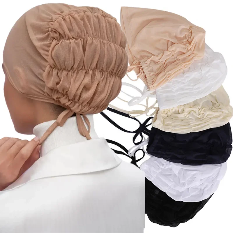 Casquettes Turban de couleur unie pour femmes musulmanes, maille intérieure, Hijab, sous-écharpe extensible islamique, Bonnets, enveloppes de tête, foulards d'été 
 ﻿ 1