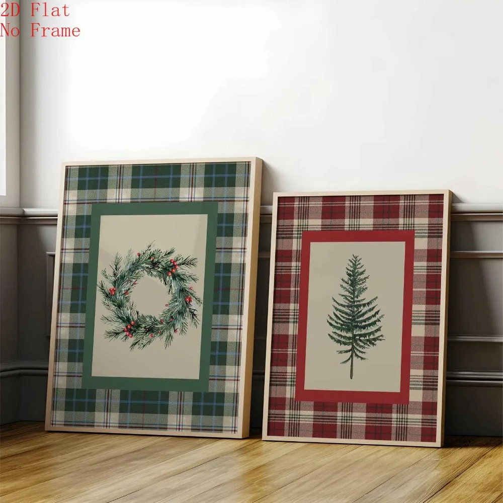 2pcs frameles,2pcs/Set Traditional Christmas Pine Tree Posters Unframed Red & Green Plaid Christmas Wall Art Poster for Living R
