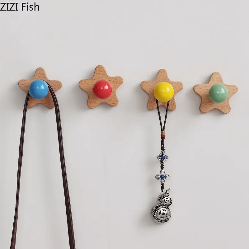 

Ceramic Ball Solid Wood Hook Non Perforated Key Hook Decorative Hooks Wall Storage Rack Clothing Hat Hooks Wall Shelf Organizer