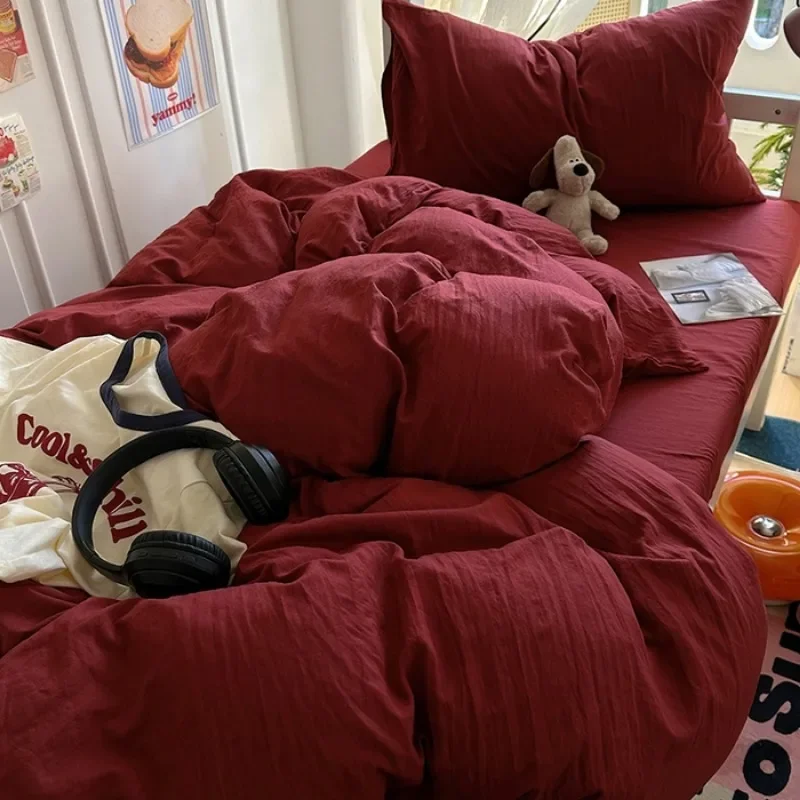 2025 new solid color simple washed cotton student bed sheet four-piece set machine washable student dormitory three-piece set