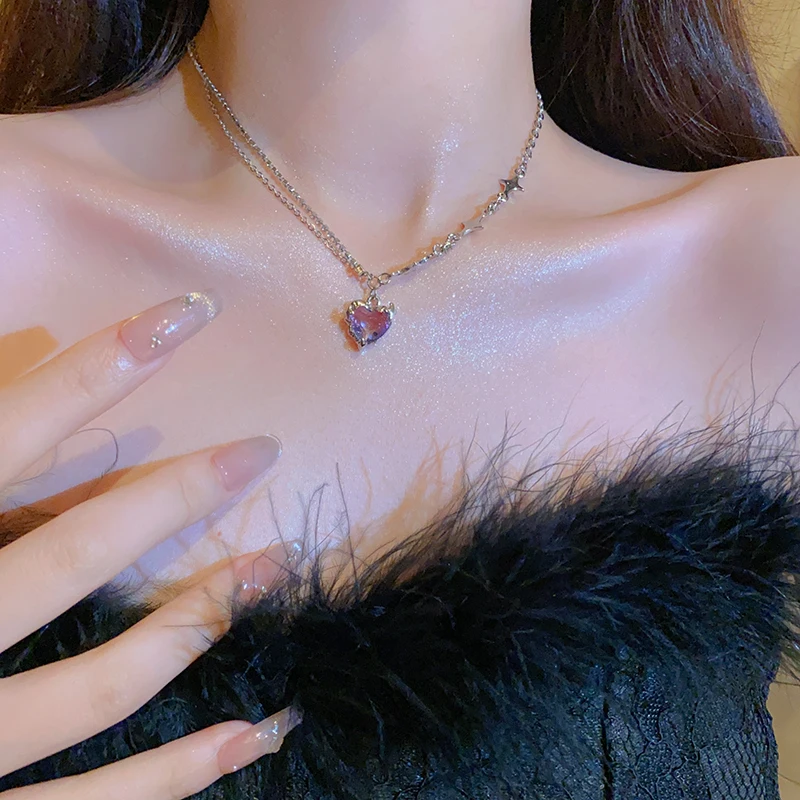 Y2k Heart Star Pendant Necklace Women's Fashion Cool Silver Color Chain Necklace Rhinestone Clavicle Chain Daily Jewlery Gifts