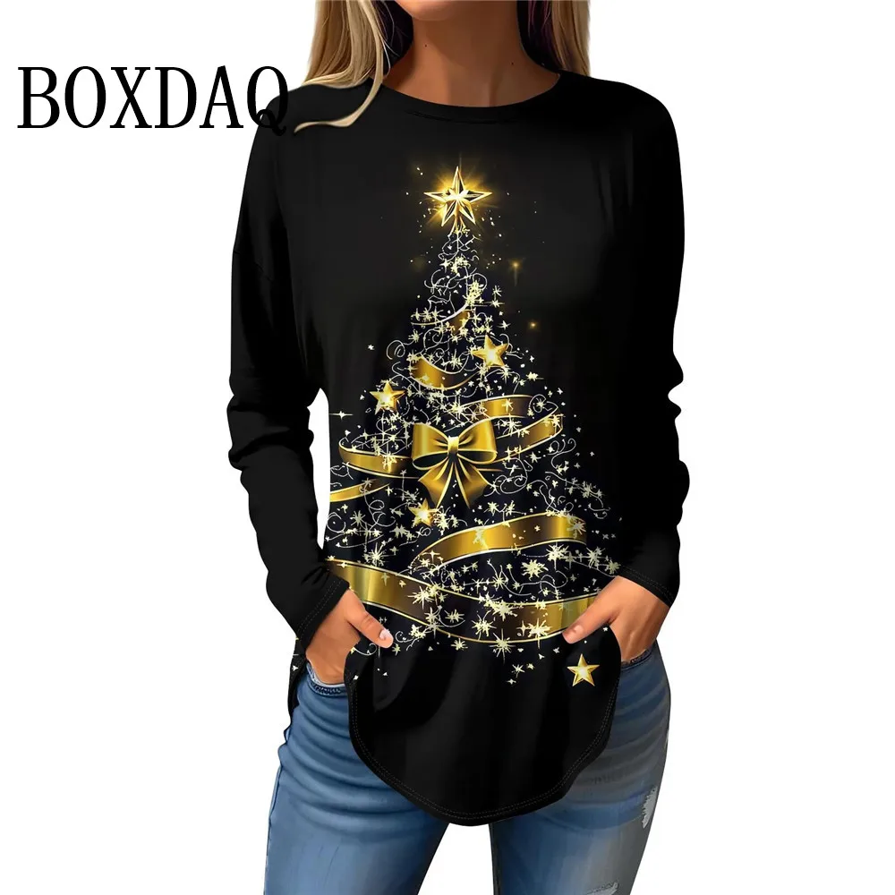 Christmas Tree Pattern Women Fashion T-Shirts Autumn Winter Long Sleeve 3D Print Street Ladies Shirt Casual Streetwear Loose Top