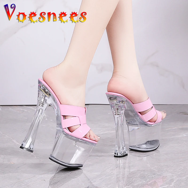 Women Super High Heels Pumps Summer Slippers 17.5CM Transparent Waterproof Platform Party Sandals Fashion Model Walk Show Shoes