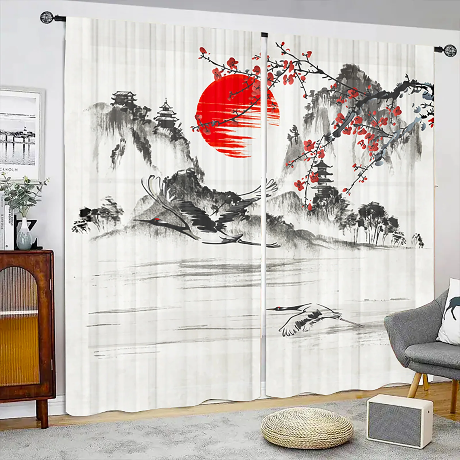 

2pcs White Lightweight Curtains Red Sun Plum Blossom Tulle Curtains for Bedroom Meeting Room Office Window Screen Customized