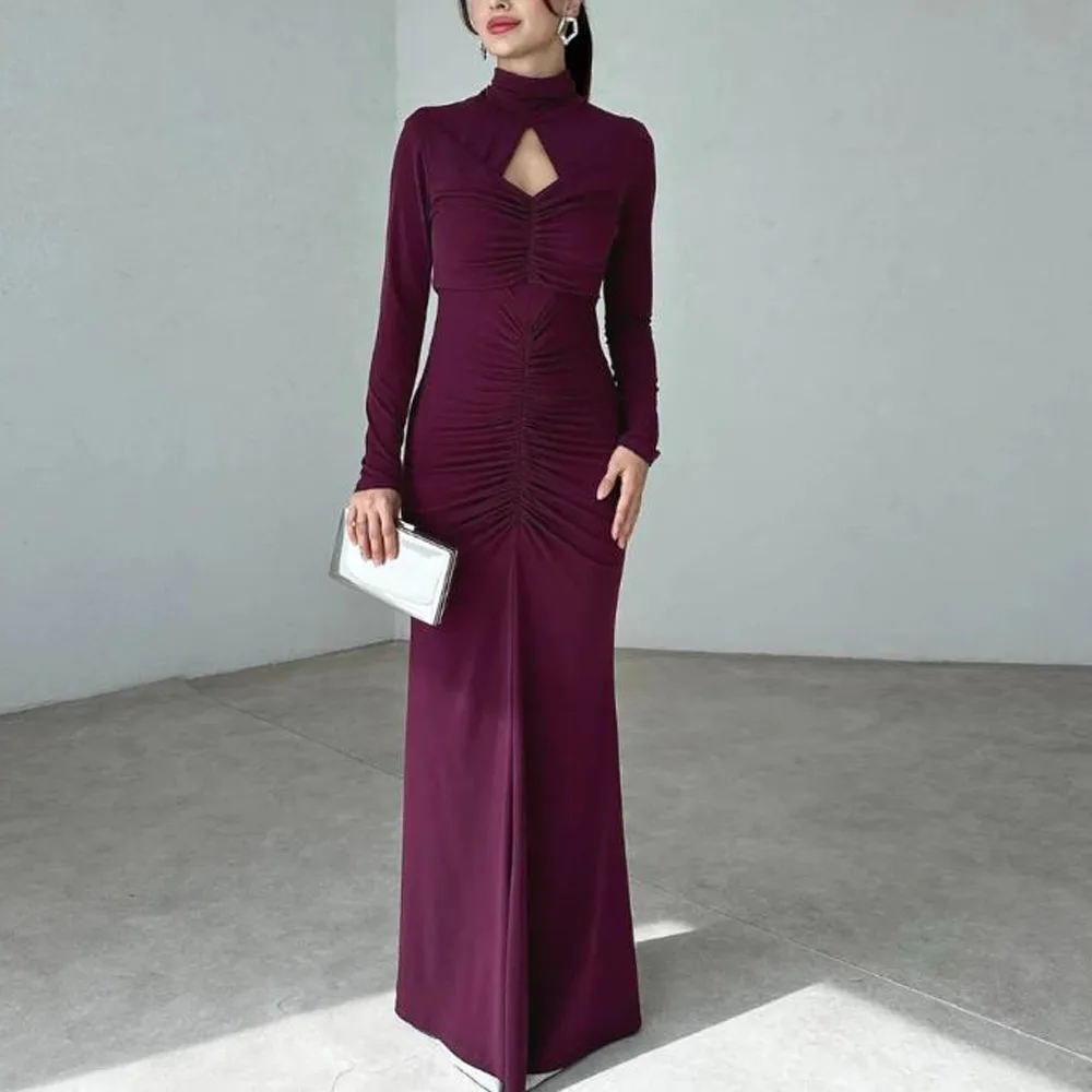 

Customized Pleated Mermaid Formal Evening Dresses Keyhole Neck Backless Wedding Guest Dress Purple Long Party Gowns