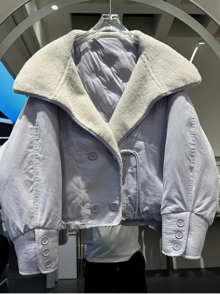 Winter Large Collar White Duck Down Jacket Short Winter Latest Lamb Fur White Duck Down Splicing Parka Women