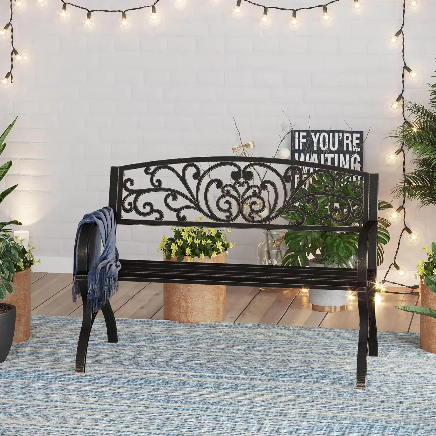 50Inch Cast Iron Steel Frame Garden Bench Patio Furniture Chair Outdoor Bench w/Floral Design Backrest, Slatted Seat f