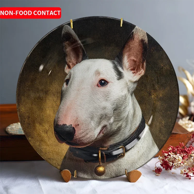 1pc Ceramic Bull Terrier Dog Plate - Round Decorative Pet-Themed Display Plate with Black Collar Accent, Ceramic Tableware for,