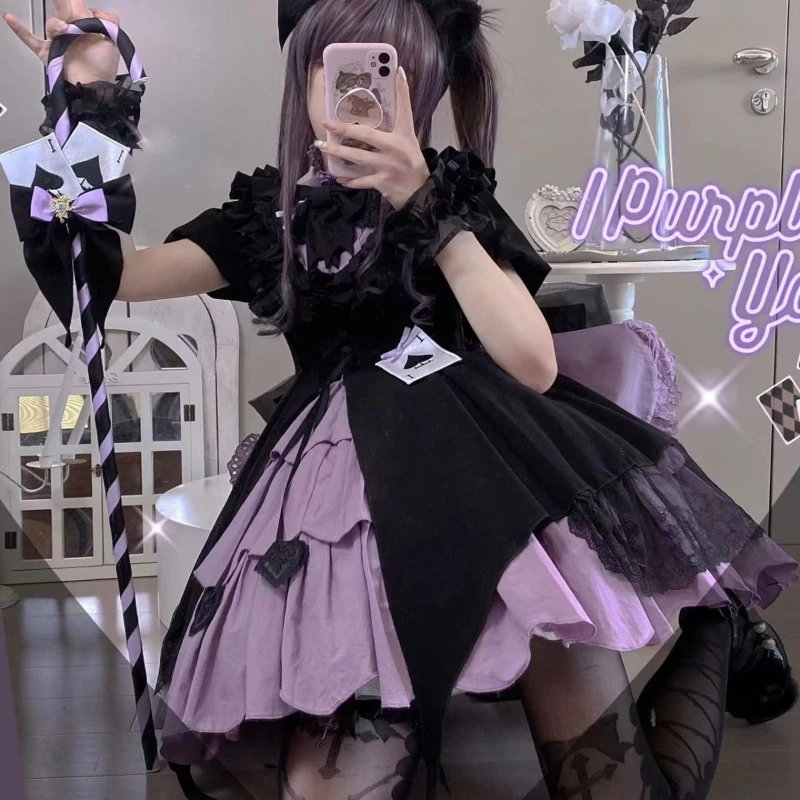 Giapponese Y2k stile Punk Lolita OP Dress donna fiocco gotico a vita alta Slim abiti manica corta ragazze Kawaii Princess Mini Dress