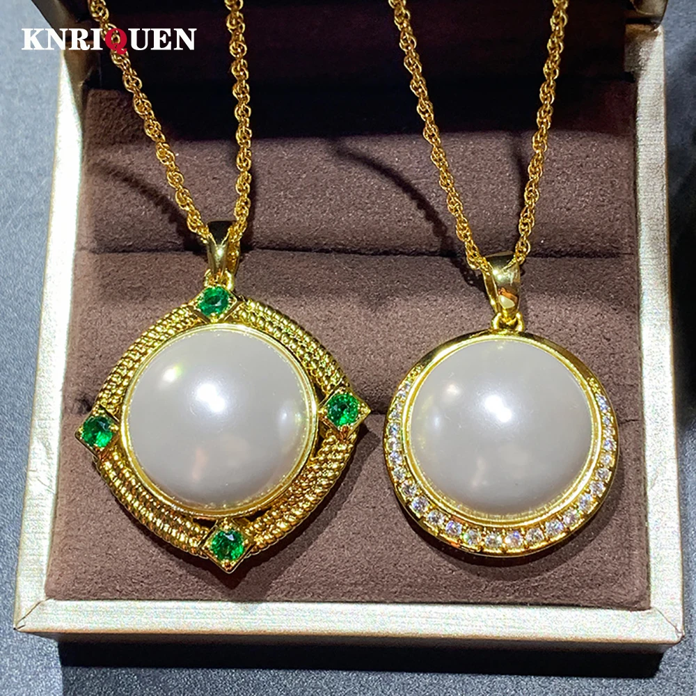 Vintage 20mm White Big Pearl Emerald Lab Diamond Gold Color Pendant Necklace for Women Cocktail Party Fine Jewelry Accessories