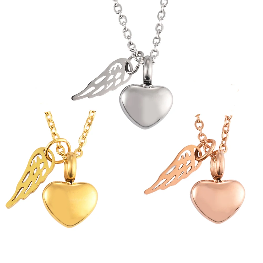 Stainless Steel Small Heart Angel Wing Cremation Ash Urn Necklace Heart Pendant For Memorial Jewelry