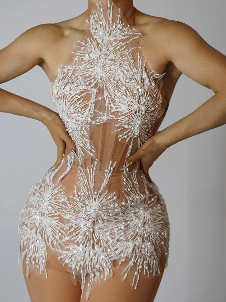

Luxury White Snowflake Pearls See-through Mesh Women Stunning Mini Dress Party Birthday Sexy Carnival Performance Stage Costume