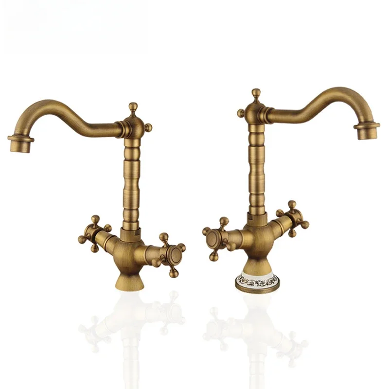 European Style Household Dual Handle Hot and Cold Water Basin Faucet Retro Spiral Antique Copper Brass Kitchen Faucet