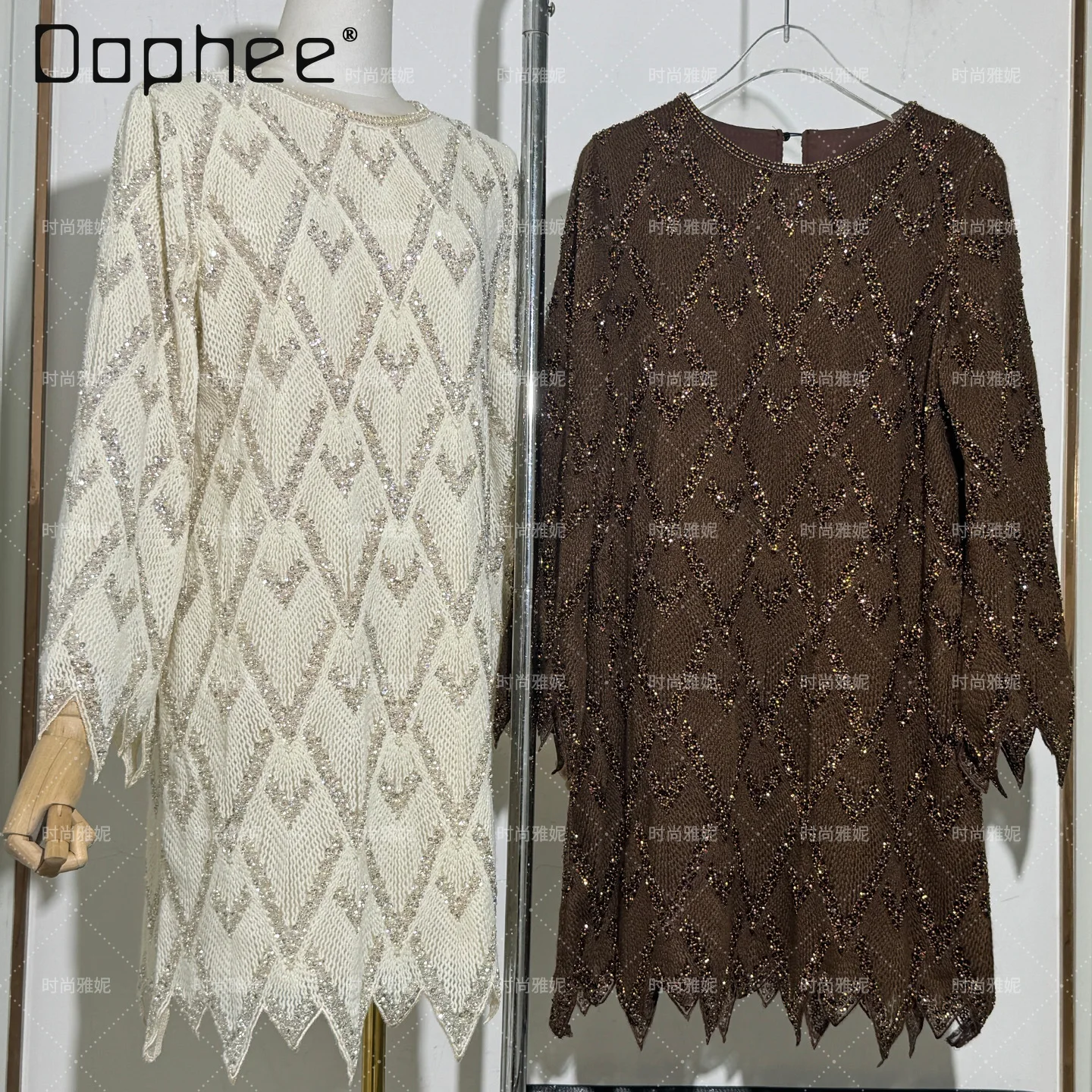 

Fashion Heavy Sequin Beaded Dress for Women Loose Slim Fit Bodycon Mid-Length Long Sleeve Dress Trendy Vintage Dress