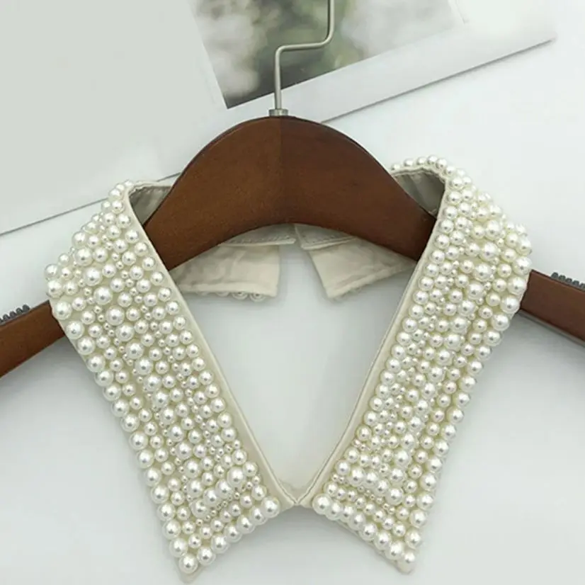 

Women Retro Handmade Beading Imitation Pearls Layers Bib Lapel Fake Collar Jewelry Detachable Necklace Choker Cloth Accessory