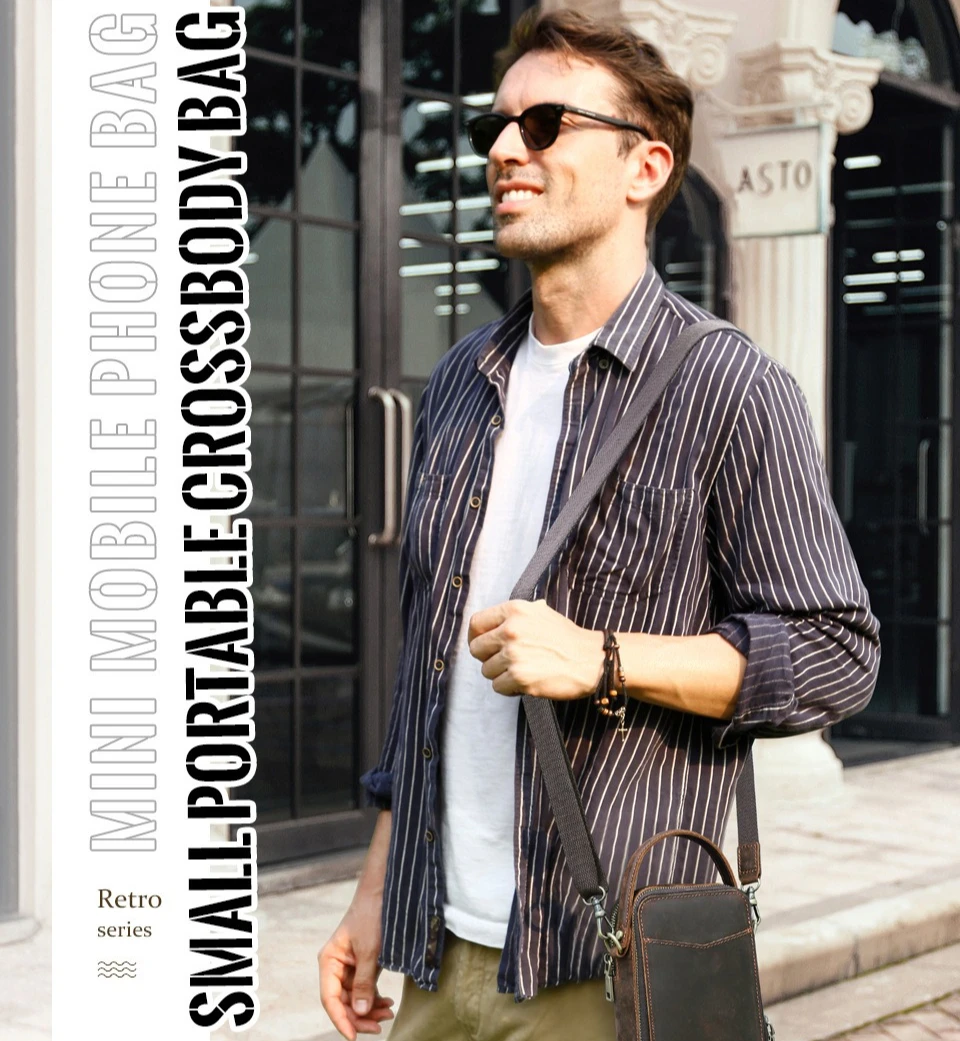 

Retro crazy horse leather mobile phone storage outdoor travel hand zipper crossbody bag portable square shoulder small backpack