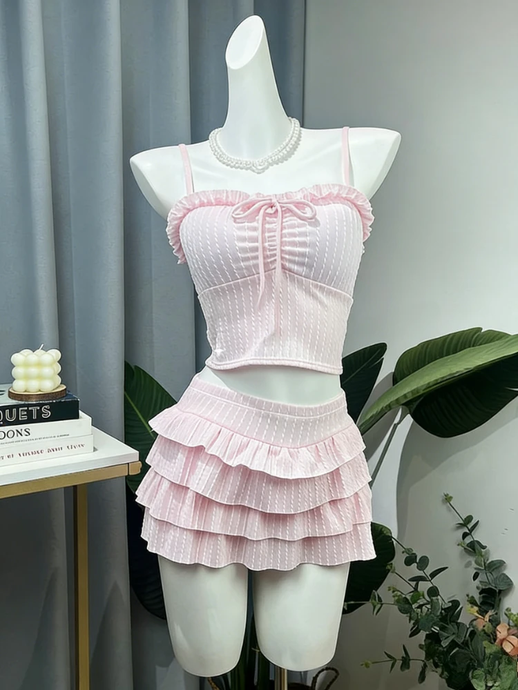 

Новый комплект бикини в стиле Sweet Lolita с полосатым принтом для женщин, Y2K Harajuku, летний купальник для модниц, кавайный, сексуальный, модный пляжный наряд