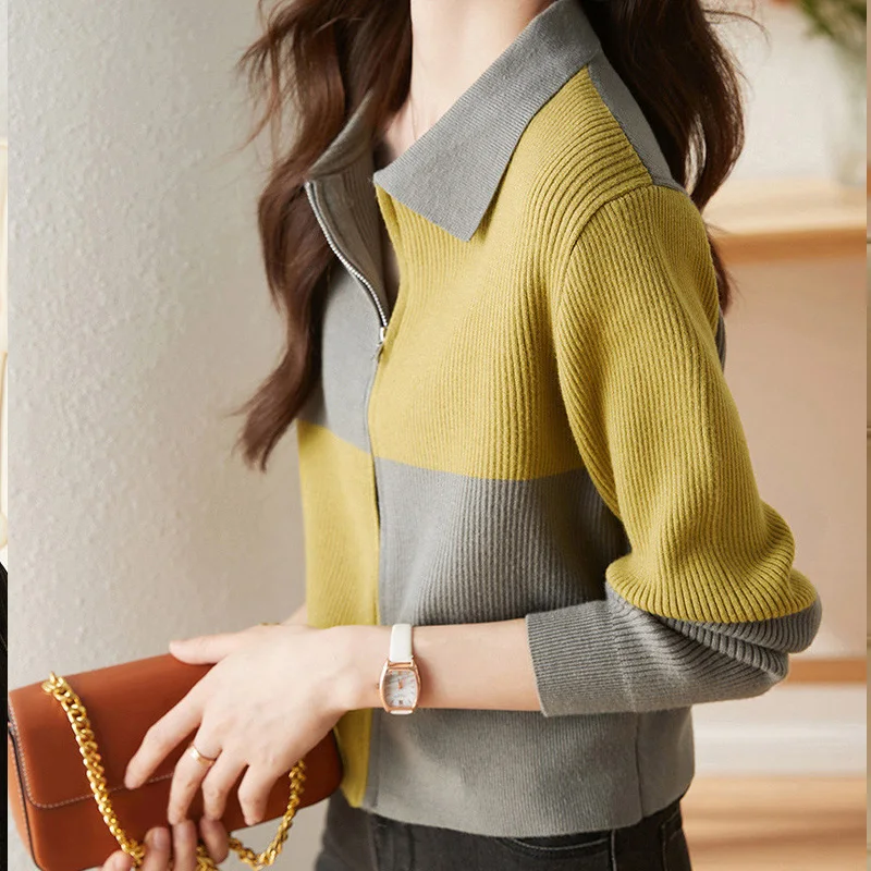 2023 Spring Autumn New Fashion POLO Collar Long Sleeve Sweater Women High Street Contrast Color Casual Zipper All-match Cardigan