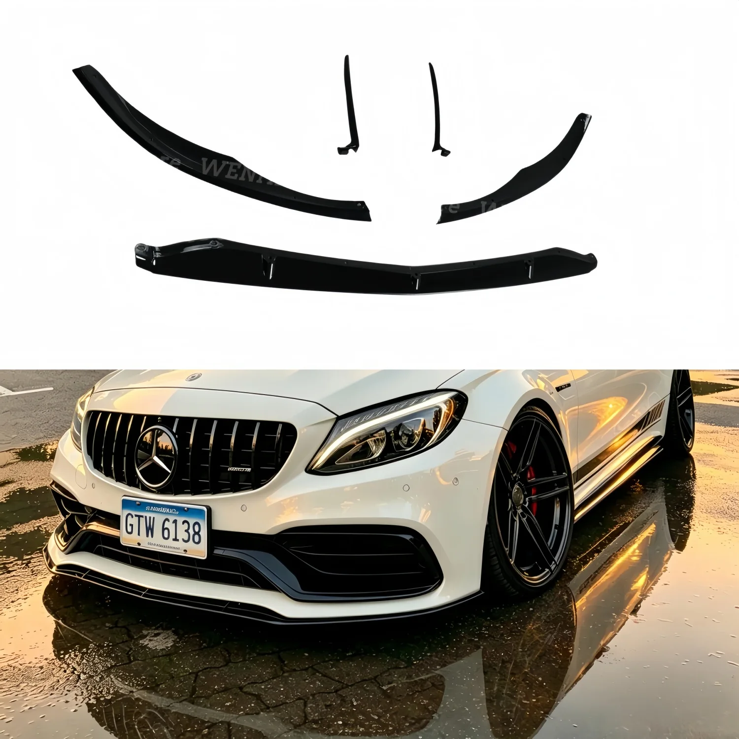 5-teiliger glänzend schwarzer Frontspoilerlippen-Splitter für Mercedes Benz C205 C63 AMG 2015-2022 Canard Bodykit Diffusor Tuning