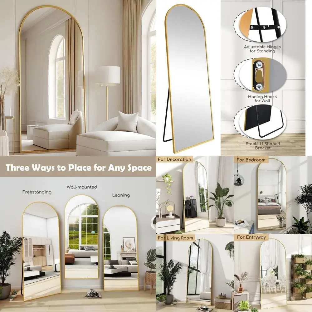 독립형 아치형 거울 70 x 26 - 모던 알루미늄 프레임, 거실 장식용, 다용도로 기대거나 걸이형으로 설치 가능