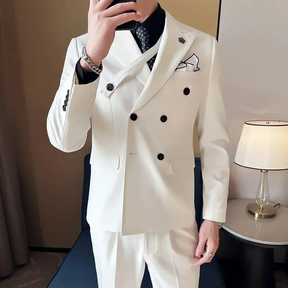 

Korean Style White Elegant Suits for Men Fashion Peak Lapel Double Breasted Male Suit Slim Casual Prom Wedding Tuxedo 2 Piece