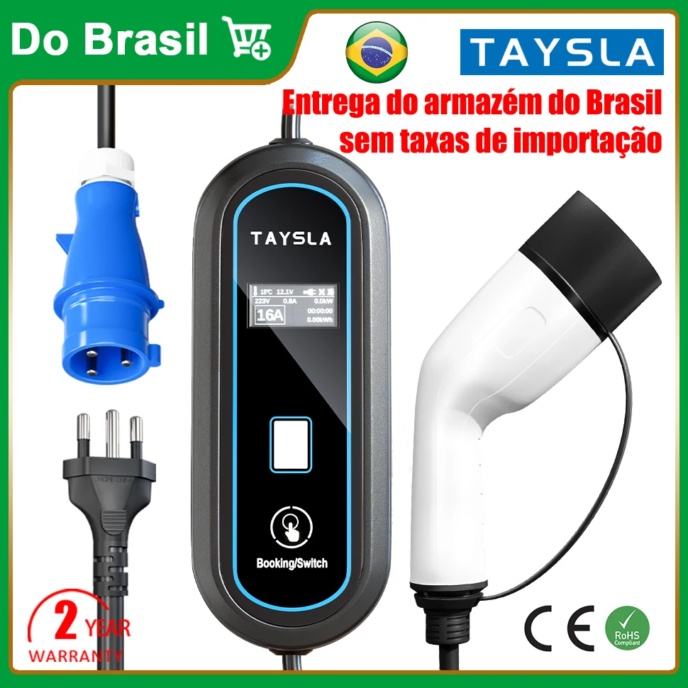 TAYSLA Electric Car Charger Type 2 7kW 32A Portable EV Charger 3.5kW 16A 80V-260V BR Plug Charging Cable for electric Vehicles