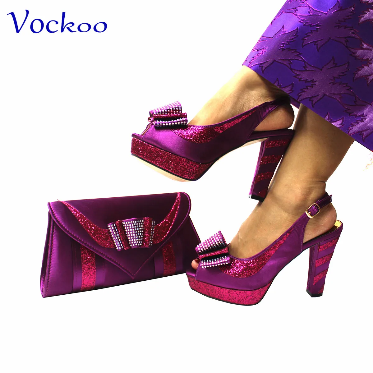 2023 High Quality Italian Women Shoes Matching Bag Set in Magenta Color Peep Toe with Platform