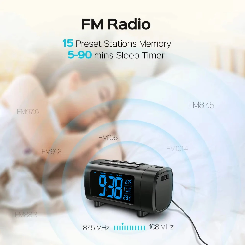 Ceiling Projection Alarm Clock With Temperature Humidity Display Snooze Function 12/24H Format Digital Bedside Projection Clock