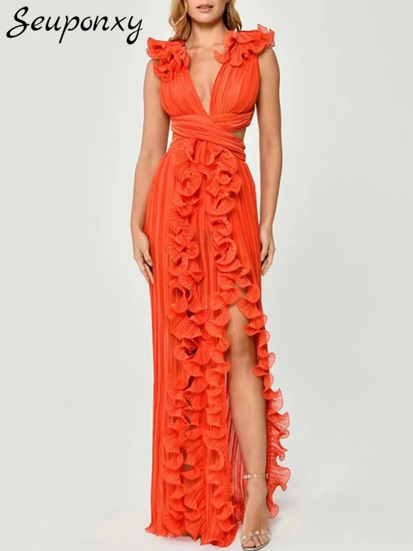 

High Quality Women'S Solid Color Split Long Dress 2024 New Sexy V-Neck Sleeveless Wooden Ear Edge Celebrity Party Dress Vestidos