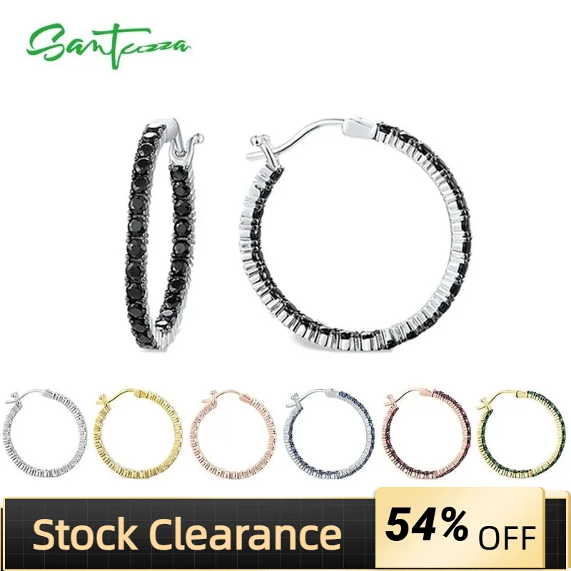 SANTUZZA 925 Sterling Silver Hoop Earrings For Women White/Blue CZ Black/Green Spinel Lab Created Ruby Simple Style Fine Jewelry