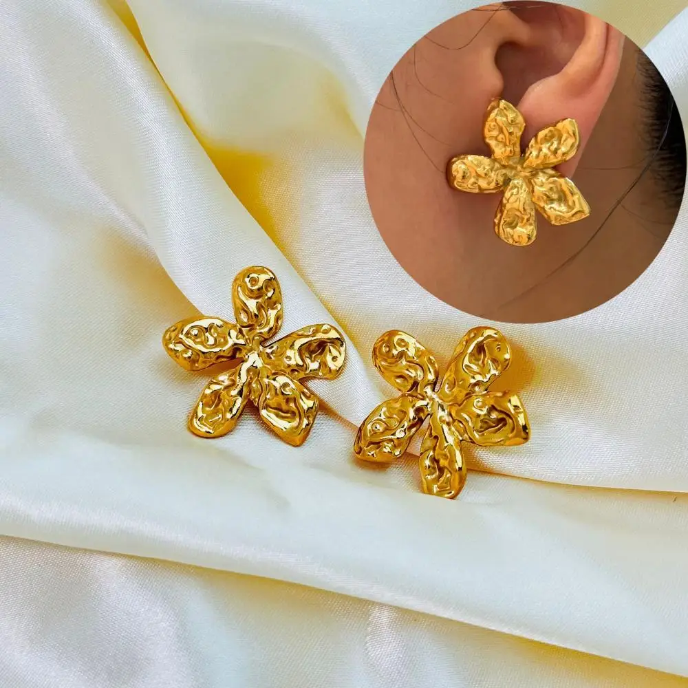Stainless Steel Wrinkled Flower Stud Earring For Women Gold Color French Style Elegant Waterproof Ear Jewelry Wedding Party Gift