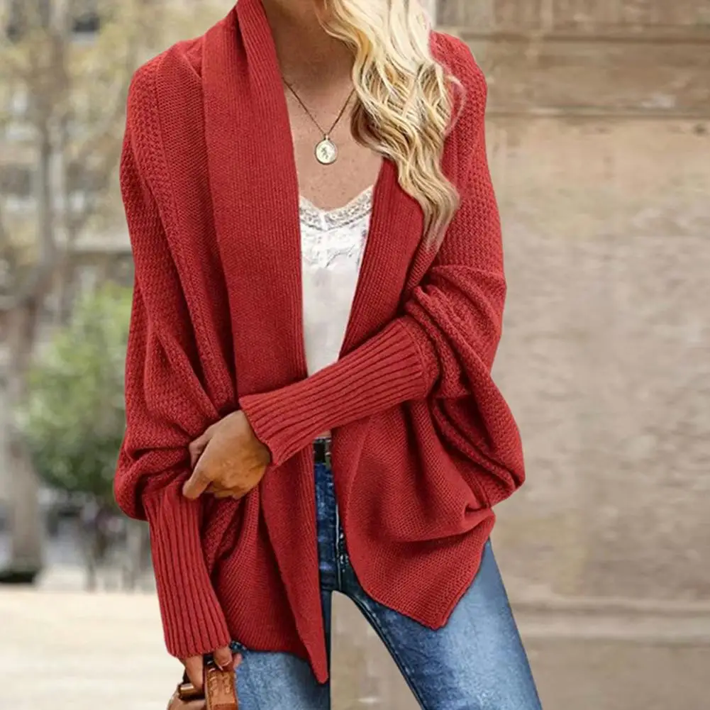 Open Front Sweater Elegant Collarless Batwing Cardigan Coat with Elastic Cuffs Women's Long Sleeve Open Front Knitted Coat Loose