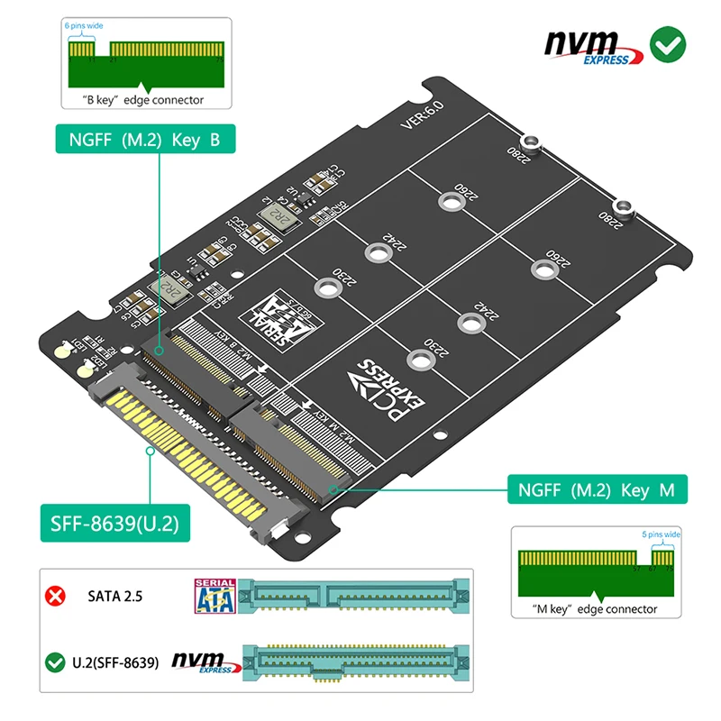 PC 데스크탑 컴퓨터용 콤보 어댑터 SSD 인클로저, 알루미늄 케이스 M2 SSD 박스, M.2 NVME PCI-E NGFF SATA SSD-U.2 SFF-8639, 2 인 1