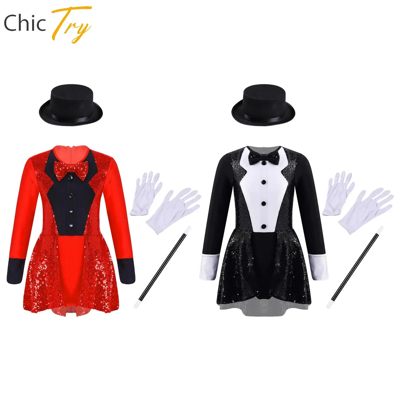 

Kids Girls Magician Costume Long Sleeve Tie Leotard with Hat Magic Wand Gloves New Year Party Cosplay Performance Costumes Sets