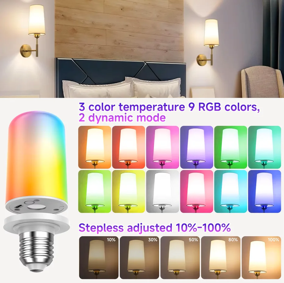 Rechargeable light bulb, 360 ° adjustable ambient light, RGB mode suitable for bedrooms, multi-color smart bedside table light