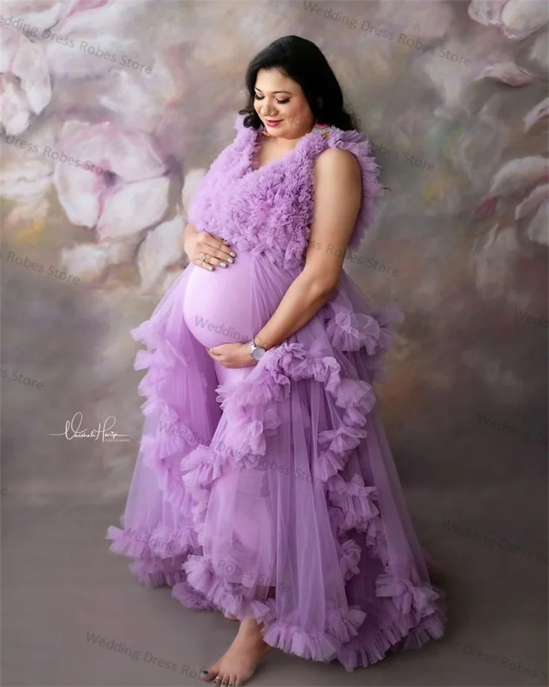 

Purple Wedding Maternity Dress Photography Sexy Sleeveless Bride Robe Tiered Tulle Prom Gowns For Photo Customized