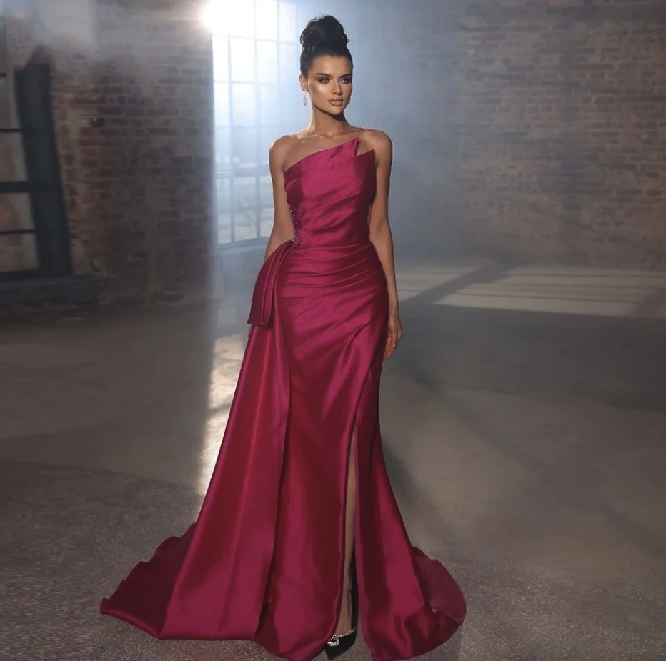 

Customized Measures Elegant Crystal Beading Prom Dresses Fuchsia Elegant Prom Gown Strapless Backless Side Split Prom Dress Shin