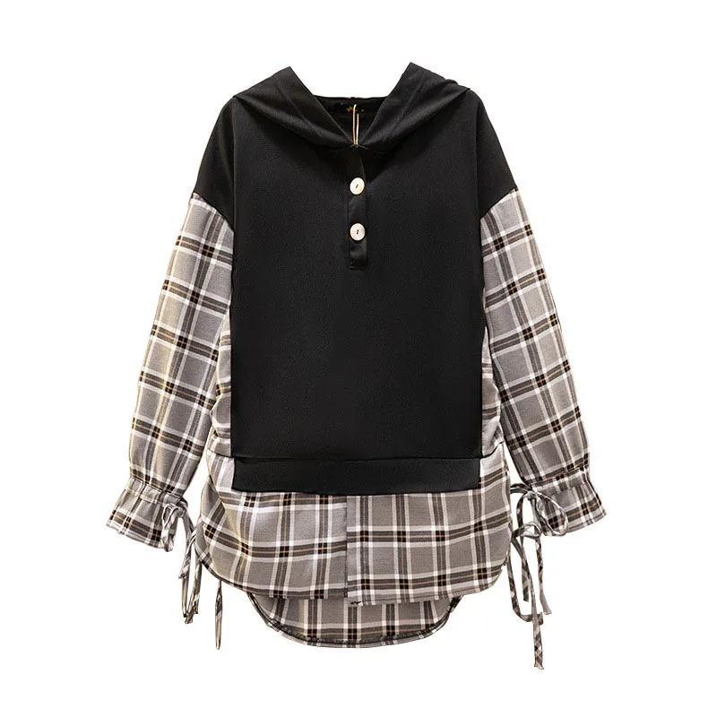 150Kg Plus Size Women\'s Bust 157cm Spring Autumn Loose Stitching Fake Two-Piece Plaid Hooded Sweatshirts 5XL 6XL 7XL 8XL 9XL