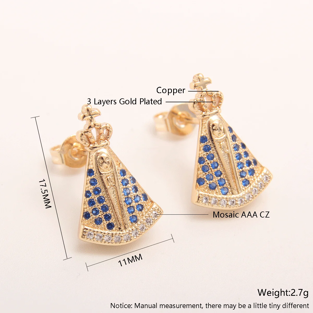 MHS.SUN Neueste Ohrstecker mit Jungfrau Maria, vergoldet, Mosaik-Ohrring mit blauem Zirkon, luxuriöser religiöser Schmuck für Frauen, Party-Geschenk – Detail 7